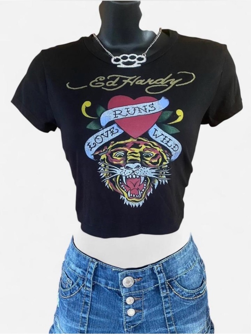 Ed Hardy Black & Gold ‘Love Runs Wild’ Tiger Design Fitted Cropped Tee